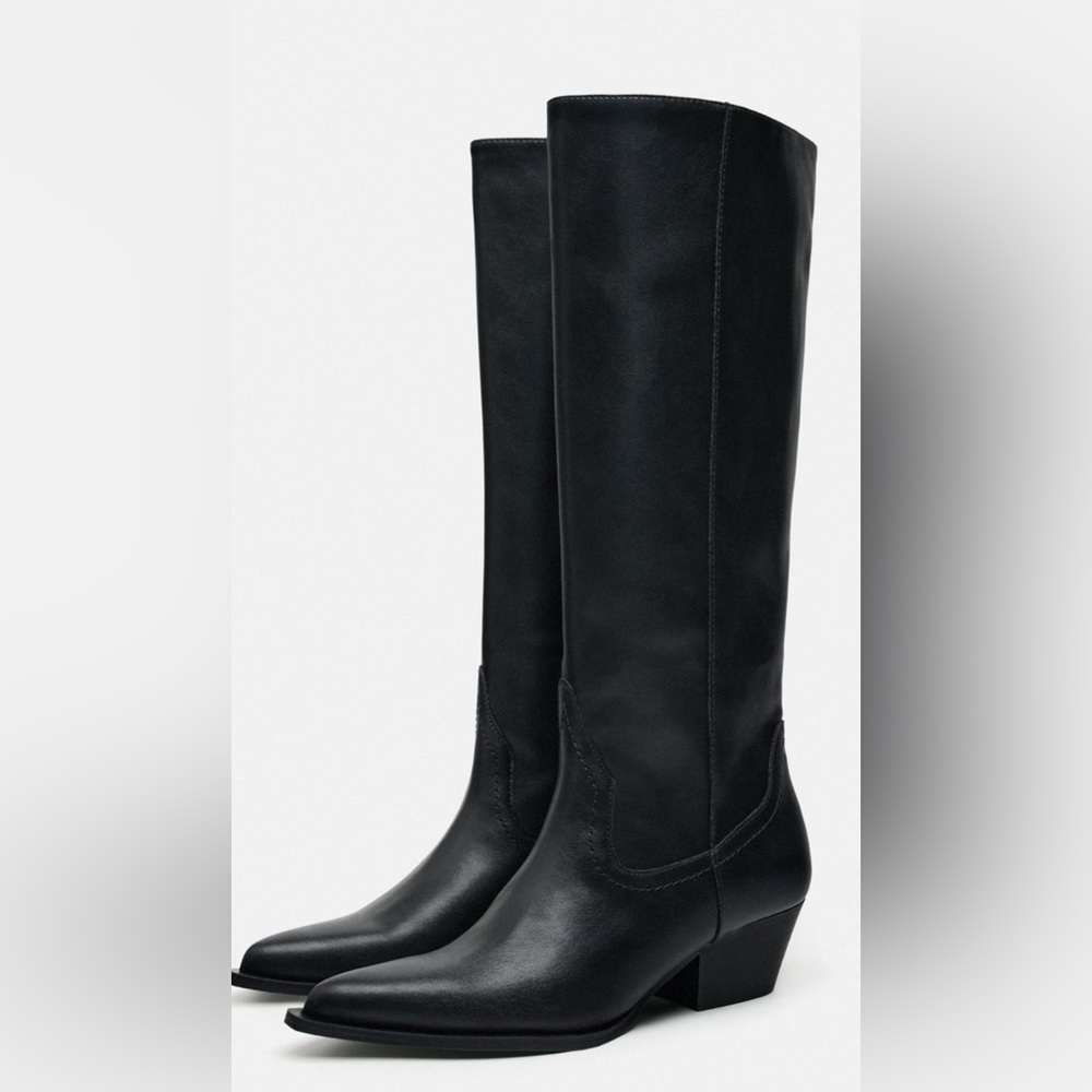 Zara Black Leather Knee High Boots